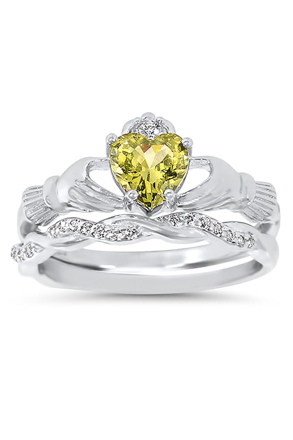 1 Carat Green Peridot CZ Claddagh Celtic Wedding Engagement Ring Set for Women Size 8