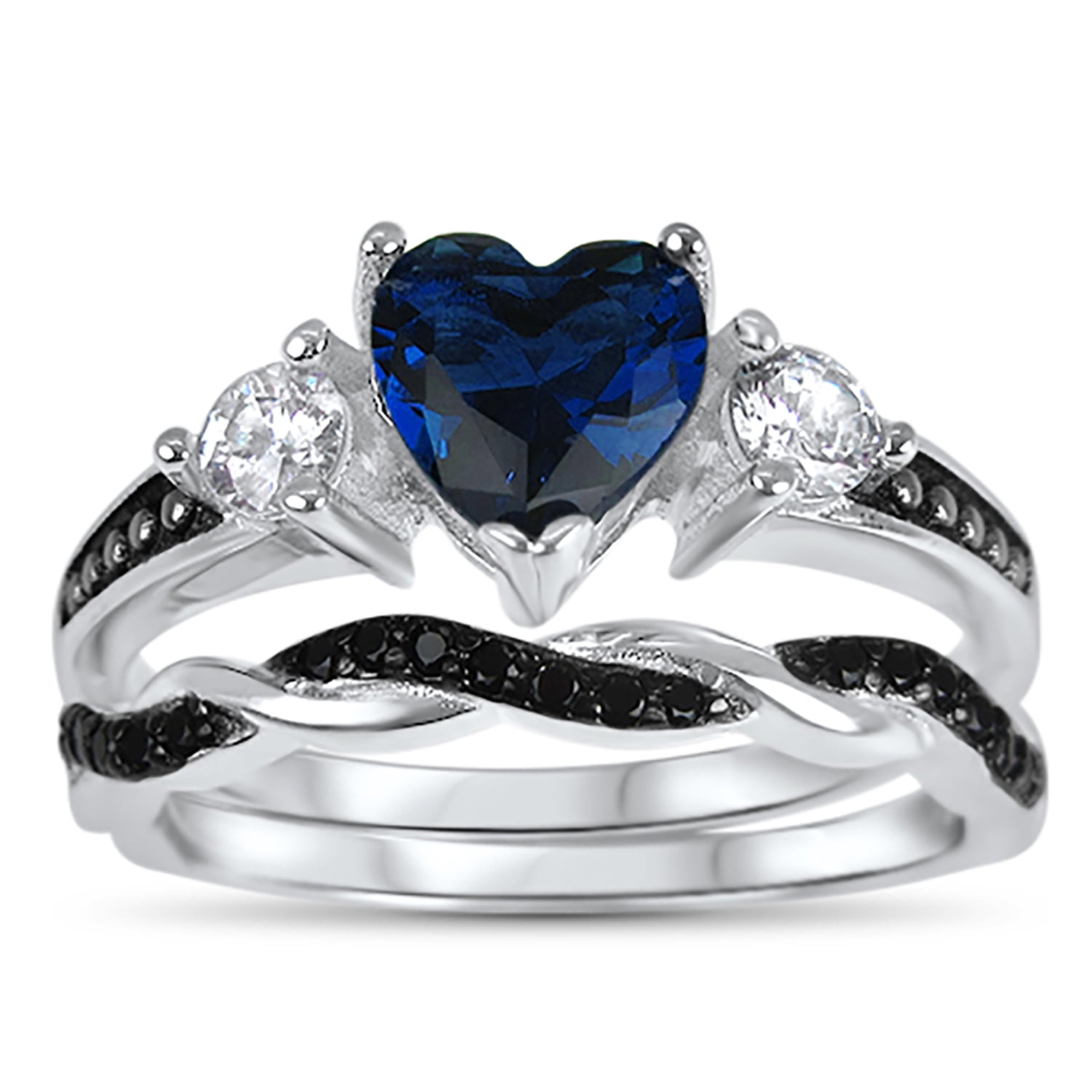 LaRaso & Co 1 Carat Heart Cut Blue Sapphire CZ Wedding Engagement Ring Set for Women Size 5