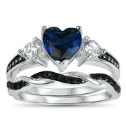 LARASO & CO 1 Carat Heart Cut Blue Sapphire CZ Wedding Engagement Ring Set for Women Size 9