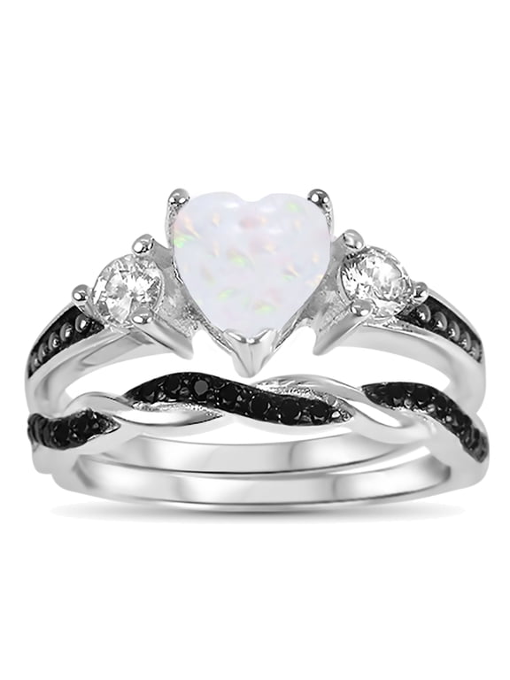 1 Carat Heart Cut Opal Black Wedding Engagement Ring Set for Women Size 11