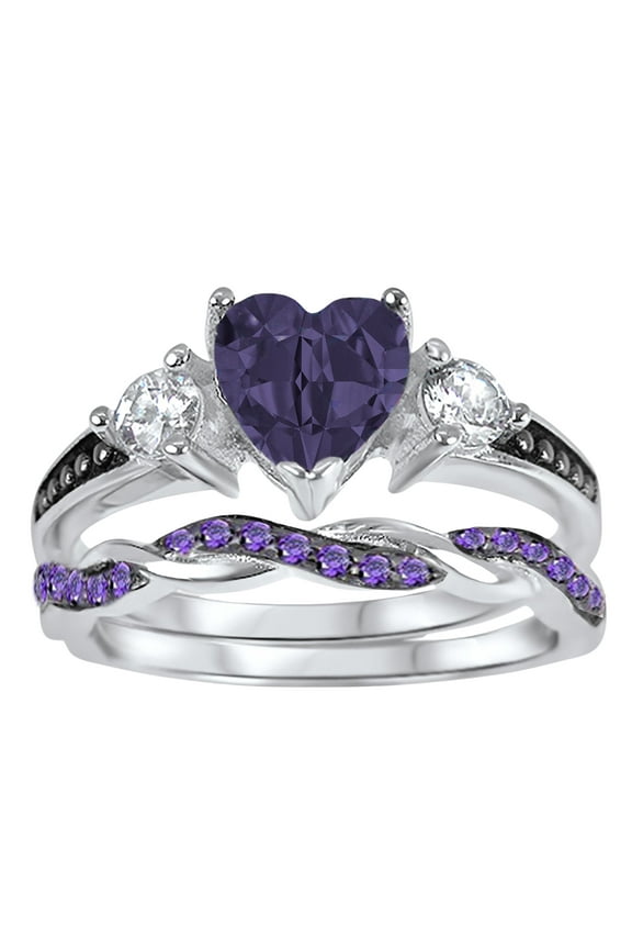 1 Carat Heart Cut Purple Amethyst CZ Wedding Engagement Ring Set for Women Size 4