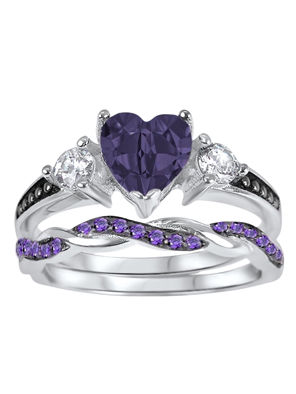 1 Carat Heart Cut Purple Amethyst CZ Wedding Engagement Ring Set for Women Size 7