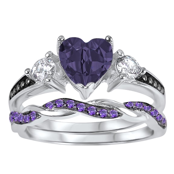 LaRaso & Co 1 Carat Heart Cut Purple Amethyst CZ Wedding Engagement Ring Set for Women Size 9
