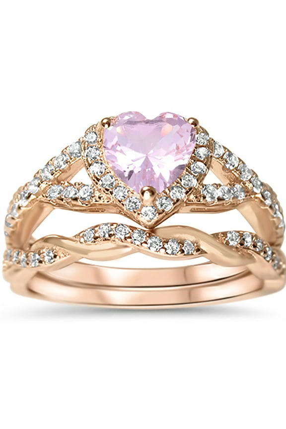 1 Carat Pink Heart Cut Wedding Engagement Ring Set 14K Rose Gold Plated Silver Size 12