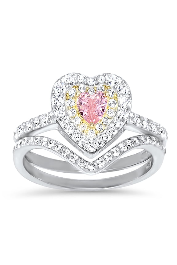 1 Carat Pink Heart Cut Wedding Engagement Ring Set 14K Rose Gold Plated Silver Size 9