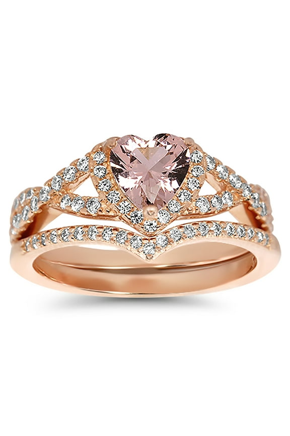1 Carat Pink Morganite Heart CZ Wedding Ring Set 14K Rose Gold Over Sterling Silver Size 11