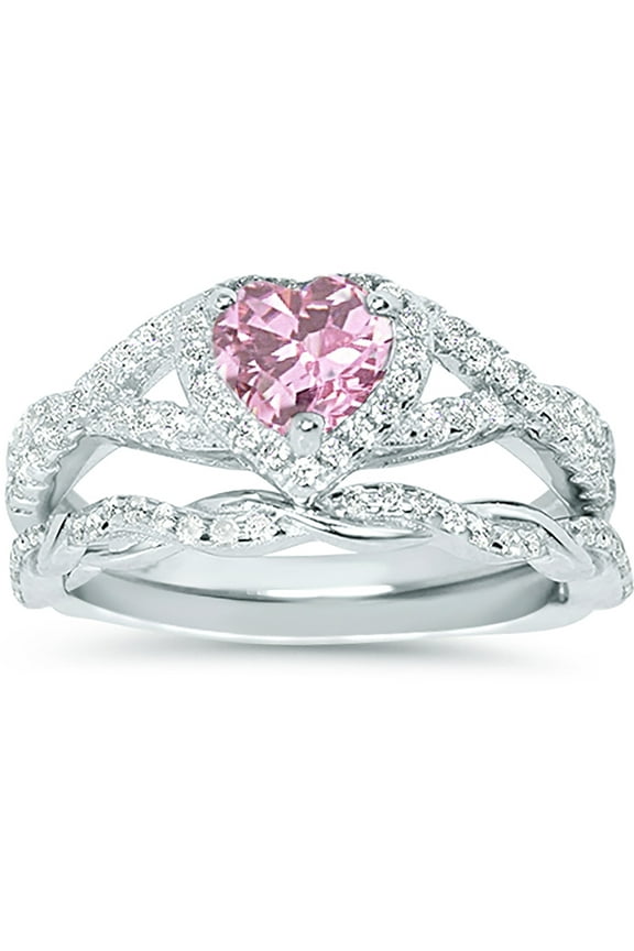 1 Carat Pink Tourmaline October Birthstone CZ Wedding Engagement Ring Set 925 Silver Size 7