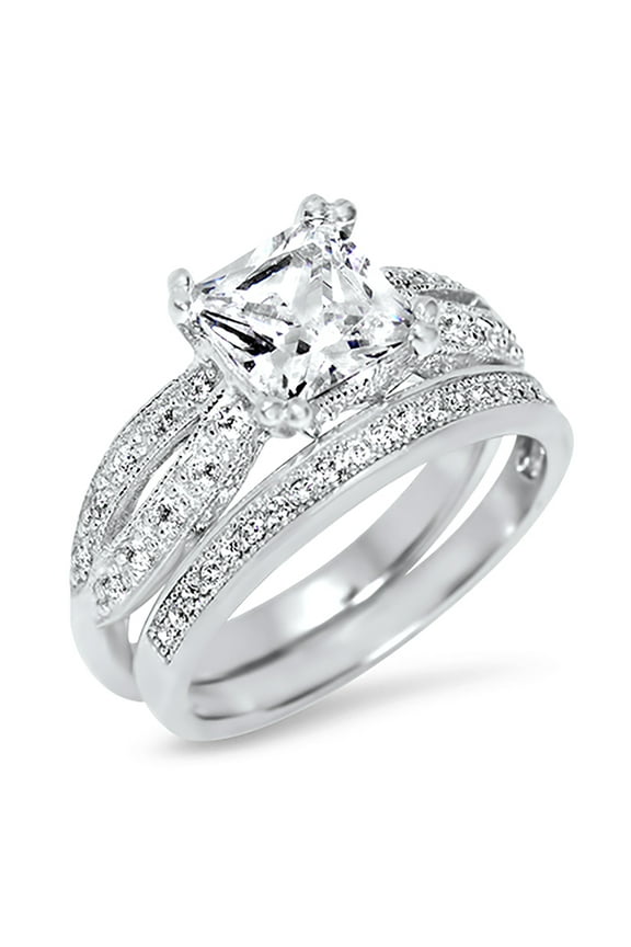 1 Carat Princess Cut CZ Wedding Ring Set In Sterling Silver for Women Size 8