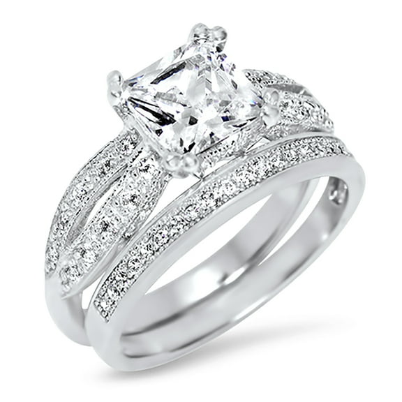 LaRaso & Co 1 Carat Princess Cut CZ Wedding Ring Set In Sterling Silver for Women Size 9