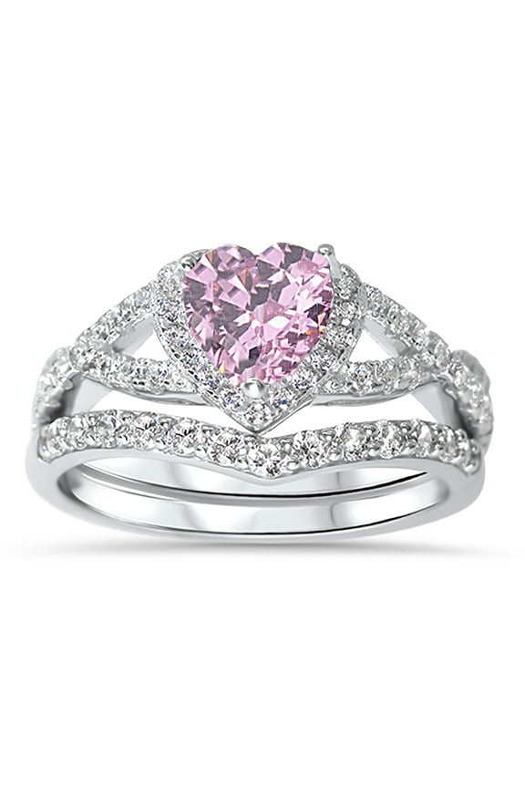 1 Carat Simulated Pink Sapphire Heart Wedding Ring Set 14K Rose Gold Plated Sterling Silver Size 10