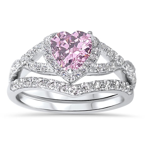 LaRaso & Co 1 Carat Simulated Pink Sapphire Heart Wedding Ring Set 14K Rose Gold Plated Sterling Silver Size 5