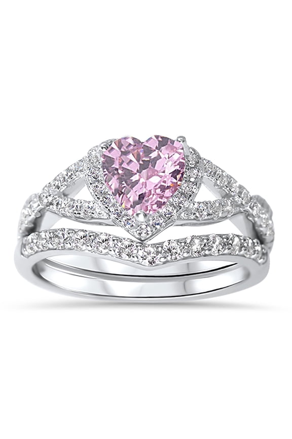 1 Carat Simulated Pink Sapphire Heart Wedding Ring Set 14K Rose Gold Plated Sterling Silver Size 5