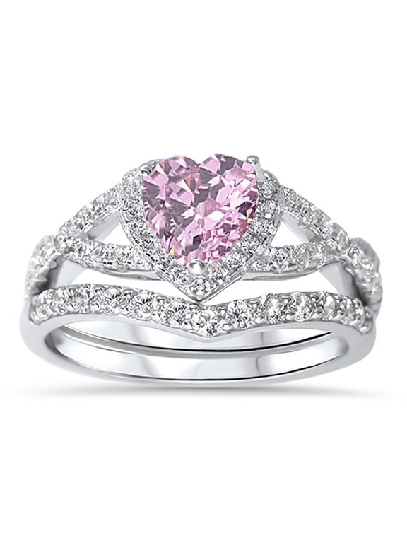 1 Carat Simulated Pink Sapphire Heart Wedding Ring Set 14K Rose Gold Plated Sterling Silver Size 8