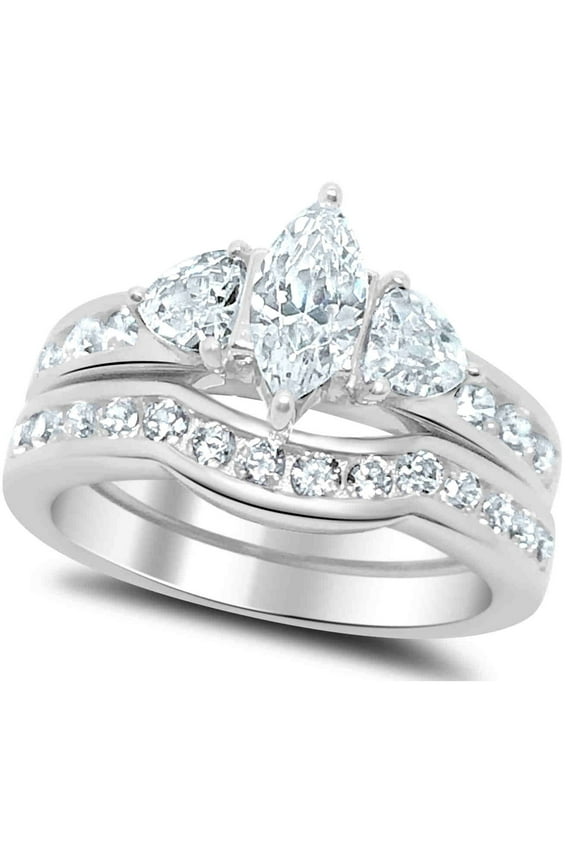 LaRaso Co 2.50 Carat TW Marquise Trillion CZ Wedding Ring Set in Sterling Silver for Women Size 7