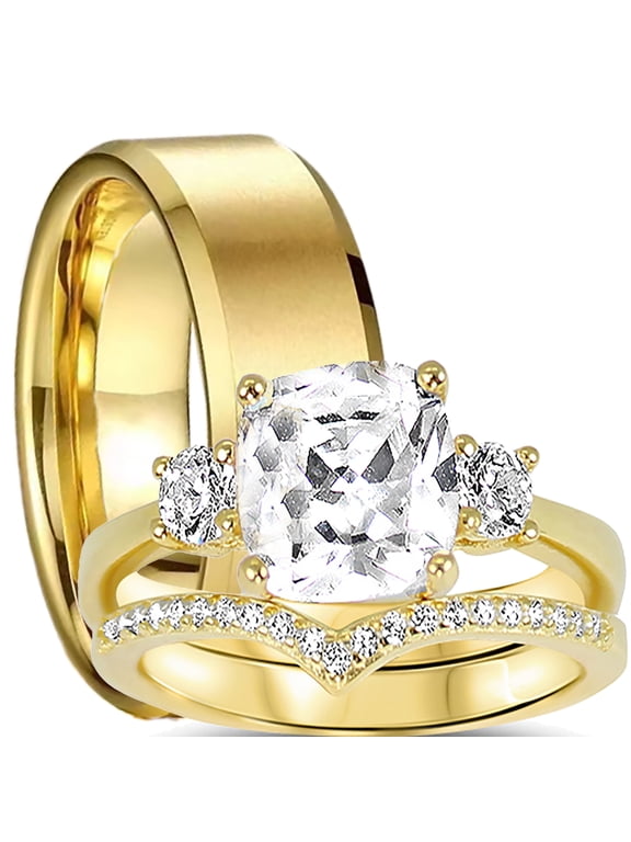 His Her Wedding Ring Set Trio Gold Plated Sterling Silver and Steel Couples Engagement Ring Set
