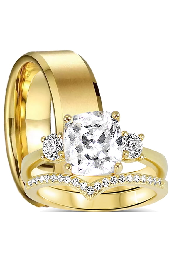 His Her Wedding Ring Set Trio Gold Plated Sterling Silver and Steel Couples Engagement Ring Set