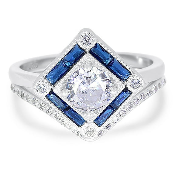 LaRaso & Co Blue Sapphire CZ Art Deco Engagement Wedding Bridal Set for Women Size 7