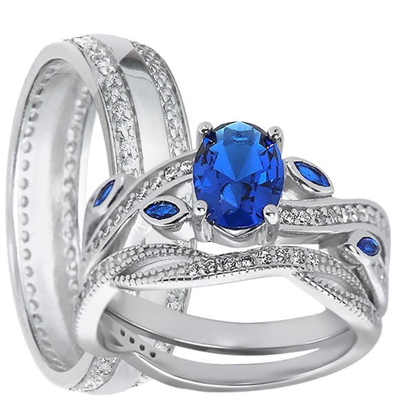 LaRaso & Co His Her Wedding Ring Set Blue Sapphire CZ TRIO Couples Rings 6/10