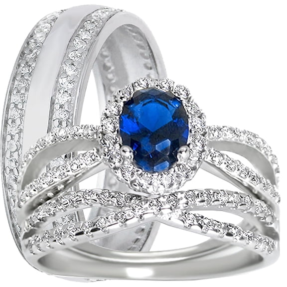LaRaso & Co His Her Wedding Ring Set Blue Sapphire CZ TRIO Couples Rings 9/11