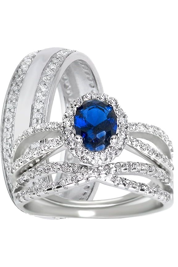His Her Wedding Ring Set Blue Sapphire CZ TRIO Couples Rings 9/11