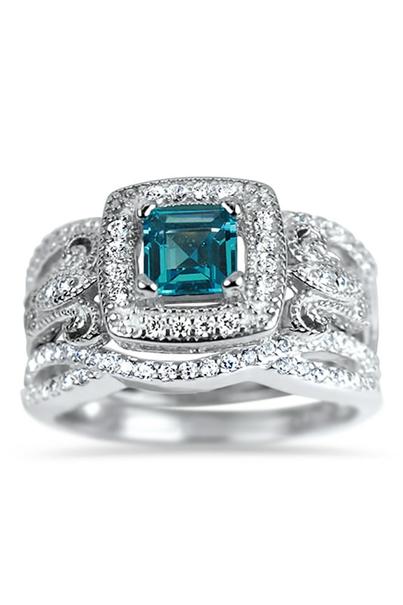 Created Blue Topaz Wedding Rings for Women Vintage Bridal Ring Set Size 7