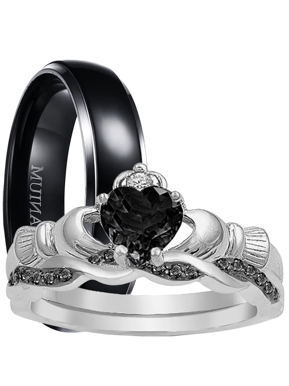 His Her 3 Piece Trio Celtic Claddagh Black Wedding Band Engagement Ring Set 10/10