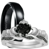 LaRaso & Co His Her 3 Piece Trio Celtic Claddagh Black Wedding Band Engagement Ring Set 10/11