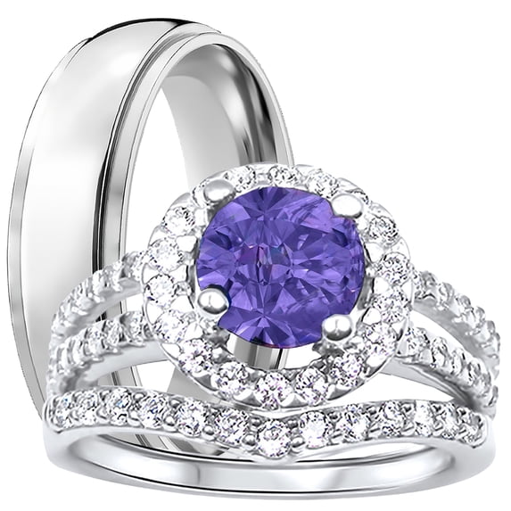 LaRaso Co His Her CZ Wedding Ring Set 3 PCS TRIO Amethyst CZ Silver Titanium Couples Bands 5/12