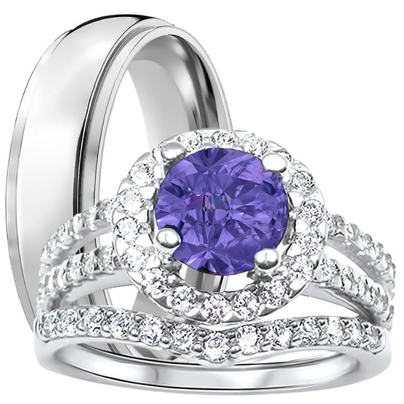 LaRaso Co His Her CZ Wedding Ring Set 3 PCS TRIO Amethyst CZ Silver Titanium Couples Bands 9/13