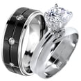 thumbnail image 1 of LaRaso Co His Her Wedding Ring Set 3 Piece TRIO Silver Black Titanium Couples Bands 10 13, 1 of 6