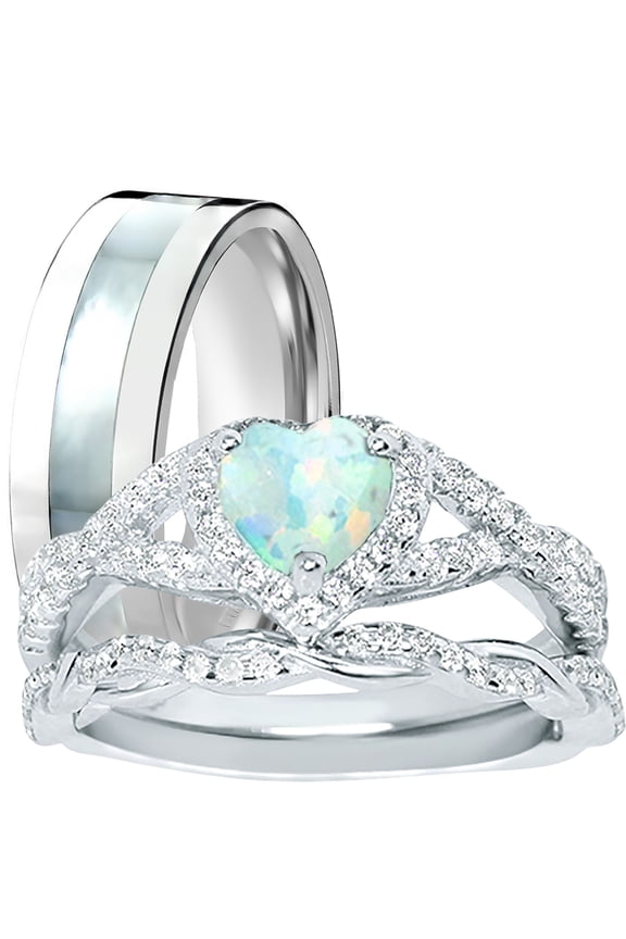 LaRaso Co His Her Opal Wedding Ring Set 3 Piece TRIO Silver Titanium Couples Bands 11 10