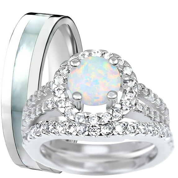 LaRaso & Co His Her Opal Wedding Ring Set 3 Piece TRIO Silver Titanium Couples Bands 12 11