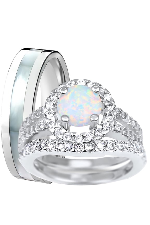 His Her Opal Wedding Ring Set 3 Piece TRIO Silver Titanium Couples Bands 8 13