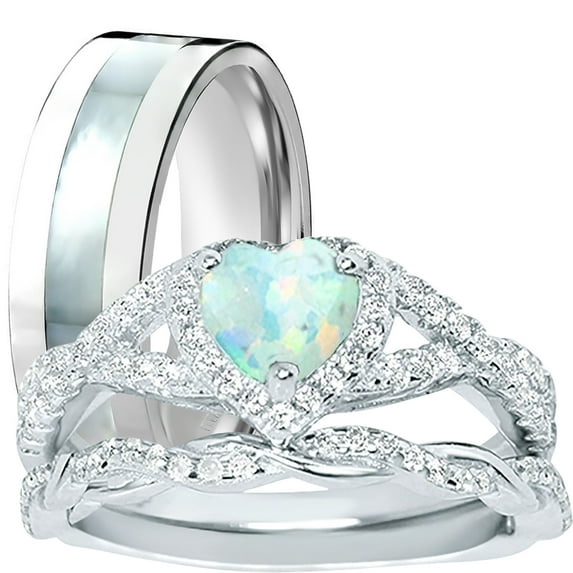LaRaso Co His Her Opal Wedding Ring Set 3 Piece TRIO Silver Titanium Couples Bands 9 12