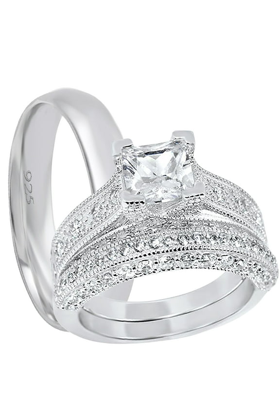 His Her TRIO Wedding Rings Set Couples Rings Sterling Silver Wedding Engagement Rings 5/9