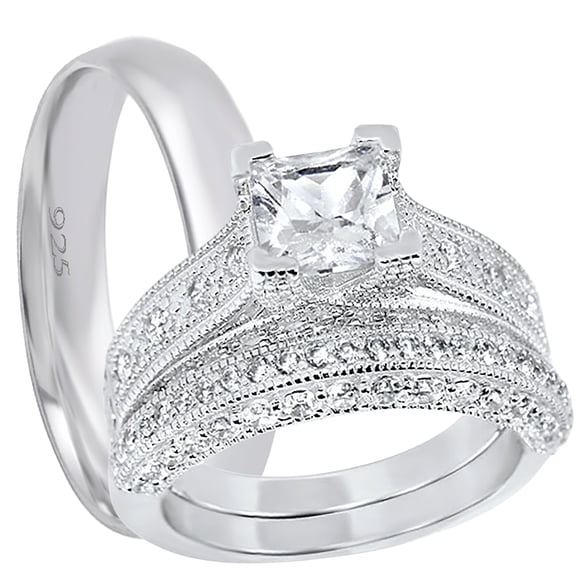 LaRaso & Co His Her TRIO Wedding Rings Set Couples Rings Sterling Silver Wedding Engagement Rings 6/11