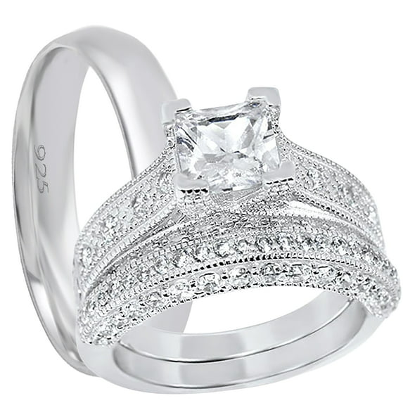 LaRaso & Co His Her TRIO Wedding Rings Set Couples Rings Sterling Silver Wedding Engagement Rings 6/13