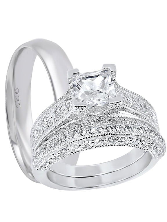 His Her TRIO Wedding Rings Set Couples Rings Sterling Silver Wedding Engagement Rings 9/12