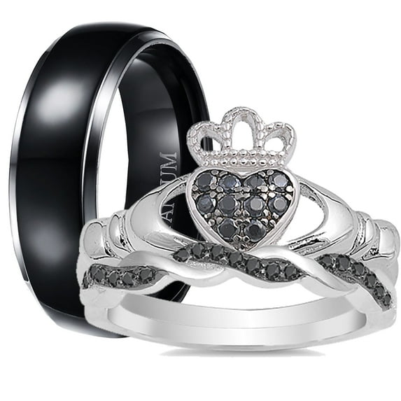 LaRaso & Co His Her TRIO Black Wedding Ring Set Couples Rings Bands Men Women 13/5