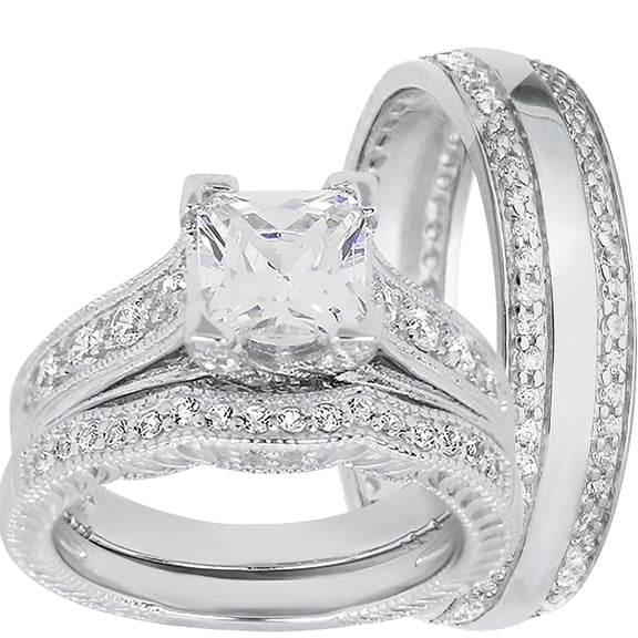 LaRaso & Co Silver Wedding Ring Set TRIO His Her Engagement Rings Men Women 5/9