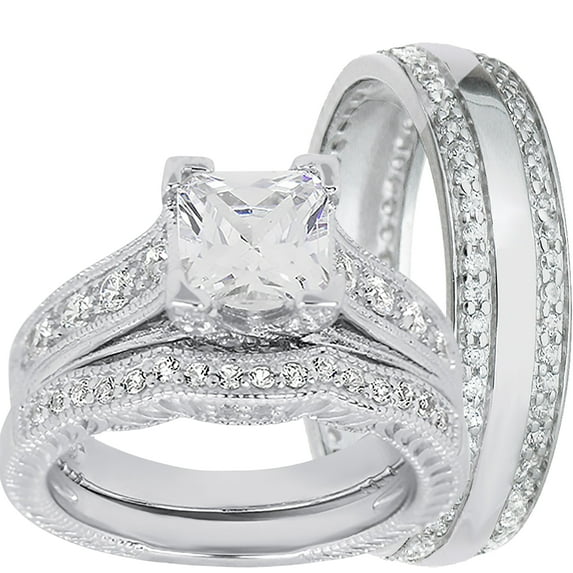 LaRaso & Co Silver Wedding Ring Set TRIO His Her Engagement Rings Men Women 6/10