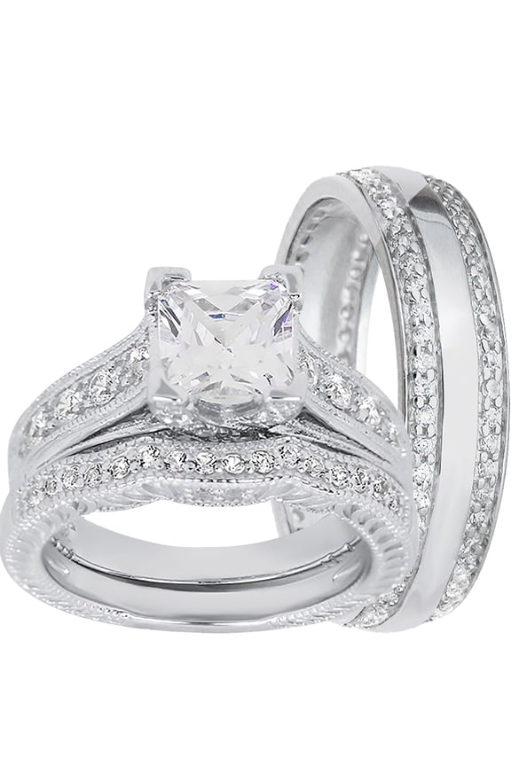 Silver Wedding Ring Set TRIO His Her Engagement Rings Men Women 6/10