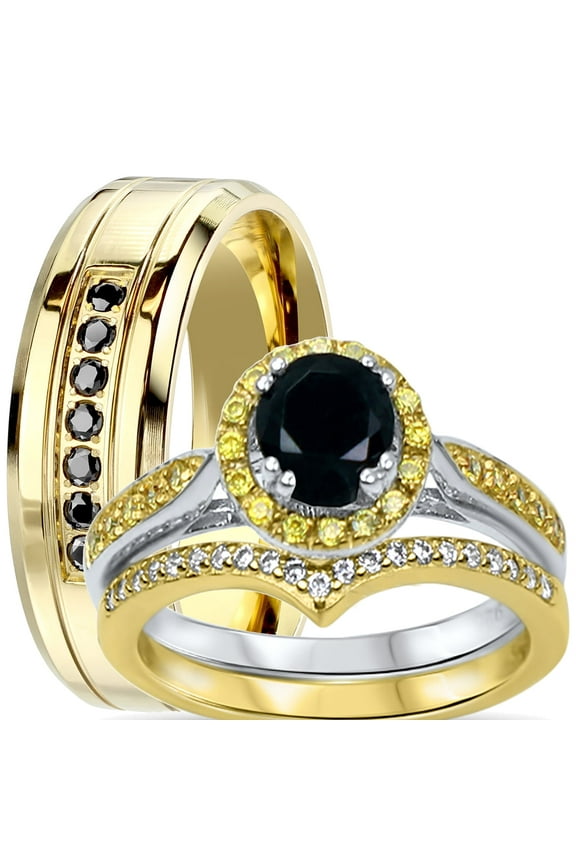 His Her Wedding Ring Set 14K Gold Plated Silver Steel 1 Carat Round Engagement Ring Couples Bands 6/8