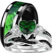 LARASO & CO LaRaso Co His Her Wedding Ring Set 3 Piece TRIO Emerald Green Heart Couples Bands 10 10