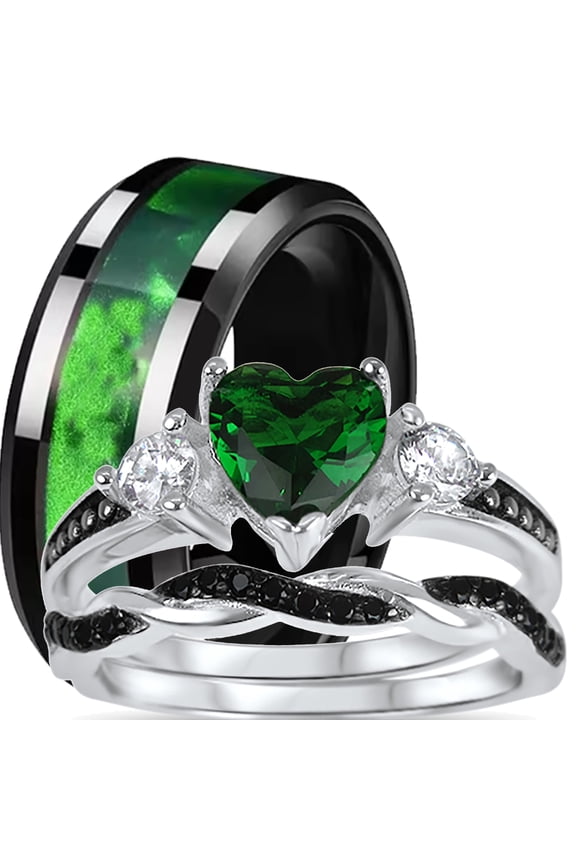 LaRaso Co His Her Wedding Ring Set 3 Piece TRIO Emerald Green Heart Couples Bands 6 8