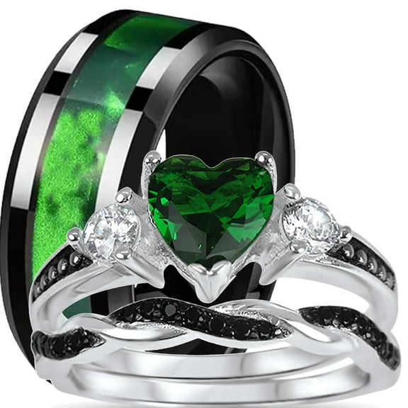 LaRaso Co His Her Wedding Ring Set 3 Piece TRIO Emerald Green Heart Couples Bands 7 12