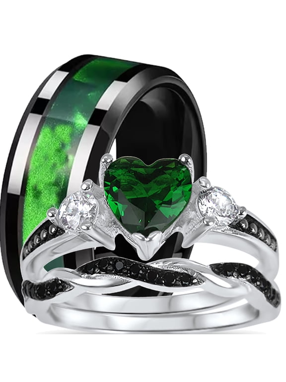 LaRaso Co His Her Wedding Ring Set 3 Piece TRIO Emerald Green Heart Couples Bands 7 8