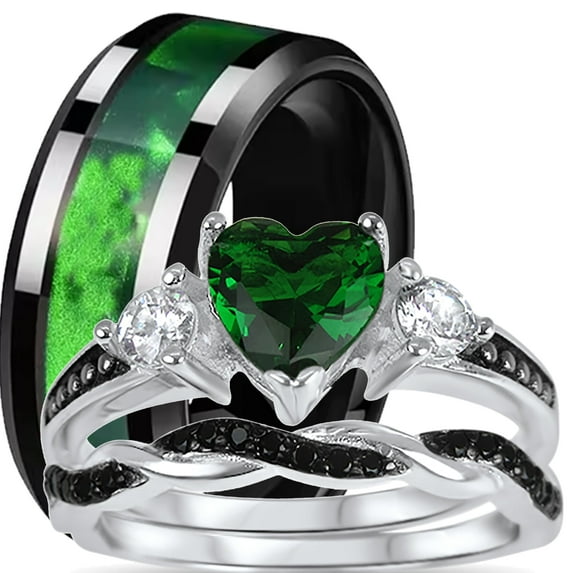LaRaso Co His Her Wedding Ring Set 3 Piece TRIO Emerald Green Heart Couples Bands 9 13