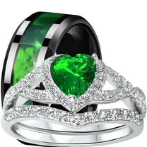 LaRaso Co His Her Wedding Ring Set 3 Piece TRIO Green Black Silver Titanium Couples Bands 10 10