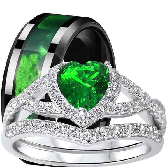 LaRaso Co His Her Wedding Ring Set 3 Piece TRIO Green Black Silver Titanium Couples Bands 7 9